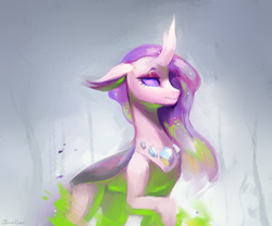 Size: 2170x1808 | Tagged: safe, alternate version, artist:jewellier, derpibooru import, princess cadance, changedling, changeling, pony, g4, abstract background, changedlingified, changelingified, concave belly, curved horn, digital art, ears, ethereal mane, eyeshadow, fanfic art, female, fire, floppy ears, flowing mane, gem, gray background, green fire, horn, makeup, mare, purple eyes, raised hoof, raised leg, signature, simple background, slim, sparkles, species swap, starry mane, starry tail, tail, thin, walking