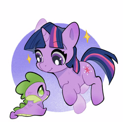 Size: 1600x1600 | Tagged: safe, artist:zhen8558, derpibooru import, spike, twilight sparkle, unicorn twilight, dragon, pony, unicorn, g4, baby, baby spike, circle background, cute, daaaaaaaaaaaw, duo, duo male and female, female, filly, filly twilight sparkle, foal, full body, gradient background, horn, looking at each other, looking at someone, male, mama twilight, mare, raised hoof, raised leg, simple background, sitting, smiling, sparkles, spikabetes, spikelove, twiabetes, two toned background, white background, wingless spike, younger