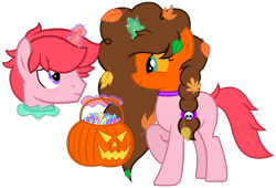 Size: 2016x1368 | Tagged: safe, artist:motownwarrior01, derpibooru import, oc, oc only, oc:basura, oc:jackie-lantern, pony, unicorn, base used, braid, candy, choker, cute, duo, female, food, freckles, hair braid, hair tie, head swap, headless, horn, leaves, leaves in hair, magic, male, mare, modular, pumpkin, pumpkin bucket, simple background, sparkles, stallion, tail, telekinesis, transparent background