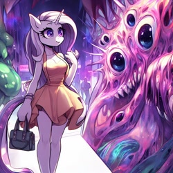 Size: 1024x1024 | Tagged: safe, ai content, derpibooru import, generator:bing image creator, generator:dall-e 3, machine learning generated, oc, anthro, unicorn, abstract, bag, body horror, breasts, clothes, dress, eldritch abomination, female, handbag, horror, pink mane, prompter:horselover fat, small breasts, smiling, solo, surreal, unnamed oc, walking