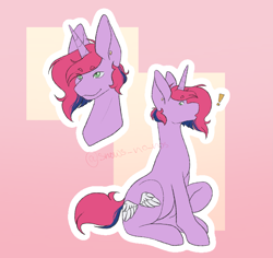 Size: 2169x2048 | Tagged: safe, artist:snows-undercover, derpibooru import, oc, oc only, oc:lilac, pony, unicorn, ear piercing, earring, exclamation point, female, jewelry, mare, piercing, raised hoof, raised leg, sitting, solo