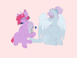 Size: 2732x2048 | Tagged: safe, artist:snows-undercover, derpibooru import, oc, oc only, oc:iris breeze, oc:lilac, pegasus, pony, unicorn, blushing, cute, duo, ear piercing, earring, female, flower, flustered, freckles, hoof hold, iris (flower), jewelry, leonine tail, lesbian, looking at each other, looking at someone, mare, oc x oc, piercing, pink background, shipping, simple background, sitting, tail