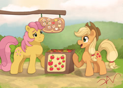 Size: 2800x2000 | Tagged: safe, artist:swasfews, derpibooru import, applejack, posey, earth pony, g1, g4, apple, crate, food, mlp fim's thirteenth anniversary, sign