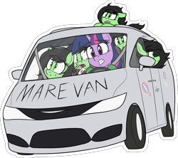 Size: 2095x1857 | Tagged: safe, artist:seafooddinner, ponerpics import, twilight sparkle, oc, oc:anon filly, earth pony, pony, unicorn, ants, crocs, female, filly, foal, jar, mare, simple background, transparent background, van, vehicle