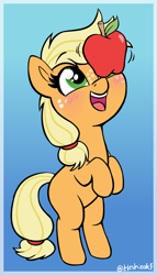 Size: 864x1506 | Tagged: safe, artist:heretichesh, derpibooru import, applejack, earth pony, pony, apple, balancing, bipedal, cute, female, filly, filly applejack, foal, food, gradient background, hatless, jackabetes, missing accessory, open mouth, open smile, ponies balancing stuff on their nose, silly, silly pony, smiling, solo, weapons-grade cute, who's a silly pony, younger