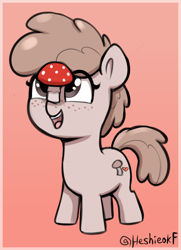 Size: 1016x1402 | Tagged: safe, artist:heretichesh, derpibooru import, oc, oc only, earth pony, pony, balancing, cute, female, filly, foal, freckles, gradient background, mushroom, open mouth, open smile, ponies balancing stuff on their nose, smiling, solo