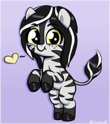 Size: 1314x1474 | Tagged: safe, artist:heretichesh, derpibooru import, oc, oc only, oc:ivana, zebra, bipedal, cute, female, filly, foal, freckles, gradient background, heart, looking at you, ocbetes, signature, smiling, smiling at you, solo, zebra oc