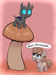 Size: 1317x1770 | Tagged: safe, artist:heretichesh, derpibooru import, oc, oc only, changeling, earth pony, pony, cute, cuteling, dialogue, duo, female, filly, foal, freckles, french, holeless, looking down, looking up, mushroom, ocbetes, open mouth, open smile, smiling, speech bubble, tooth gap, translated in the comments