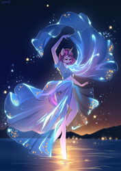 Size: 2832x4000 | Tagged: safe, artist:xjenn9, derpibooru import, oc, oc:dalorance, anthro, crying, dancing, night, sad, solo, stars, water