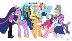 Size: 7000x4000 | Tagged: safe, artist:arkhat, derpibooru import, applejack, discord, fluttershy, pinkie pie, princess twilight 2.0, rainbow dash, rarity, spike, twilight sparkle, twilight sparkle (alicorn), oc, alicorn, dragon, human, the last problem, applejack's hat, chad spike, clothes, concave belly, cowboy hat, crossed arms, crown, ethereal mane, flying, granny smith's shawl, group, happy birthday mlp:fim, hat, height difference, hoof shoes, hug, implied granny smith, jewelry, long mane, mane seven, mane six, older, older applejack, older fluttershy, older mane seven, older mane six, older pinkie pie, older rainbow dash, older rarity, older spike, older twilight, older twilight sparkle (alicorn), pants, peytral, portal, princess shoes, regalia, scarf, simple background, slim, spread wings, tall, thin, white background, winged spike, wings