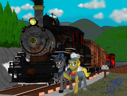 Size: 8093x6094 | Tagged: safe, artist:nivimonster, artist:smokey cinders, derpibooru import, oc, oc only, oc:crosby chime, oc:smokey cinders, earth pony, pegasus, everfree forest, fanfic art, locomotive, photo, railroad, steam locomotive, story included, train