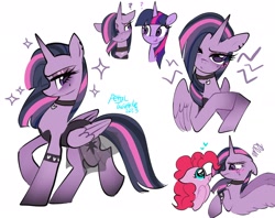 Size: 2048x1623 | Tagged: safe, artist:petaltwinkle, derpibooru import, pinkie pie, twilight sparkle, twilight sparkle (alicorn), alicorn, earth pony, pony, blushing, choker, cute, diapinkes, duality, duo, ears, female, floppy ears, goth, heart, heart eyes, lesbian, looking at each other, looking at someone, mare, question mark, self paradox, shipping, simple background, sparkles, studded armband, twinkie, white background, wingding eyes