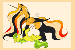 Size: 7662x5080 | Tagged: safe, artist:lightning bolty, derpibooru import, oc, oc only, oc:lemon drop, oc:lightning bolty, alicorn, earth pony, pony, abstract background, absurd resolution, alicorn oc, belly, cartoon physics, chest fluff, choker, coat markings, collar, colored, colored wings, concave belly, duo, ear fluff, ear piercing, ears, ears back, earth pony oc, eyelashes, female, flat colors, folded wings, furrowed brow, grin, hammerspace, hammerspace belly, height difference, hooves, horn, imminent death, imminent vore, implied death, implied digestion, kitchen eyes, large wings, leg fluff, long horn, long mane, long mane male, long tail, looking at each other, looking at someone, male, mare, mare prey, multicolored hair, multicolored wings, nose wrinkle, piercing, red eyes, screaming, signature, slim, smiling, socks (coat marking), spiked choker, spiked collar, stallion, stallion pred, stepped on, sternocleidomastoid, sweat, tail, thin, unknown prey, unshorn fetlocks, vore, wall of tags, wings, worried