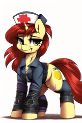 Size: 512x768 | Tagged: safe, ai content, derpibooru import, editor:primortal, generator:novelai, generator:stable diffusion, machine learning assisted, machine learning generated, oc, oc only, oc:lemon wedge, pony, unicorn, fallout equestria, clothes, fallout, female, field medic, hat, jacket, leather bracers, medic, nurse, nurse hat, red hair, scar, simple background, solo, white background