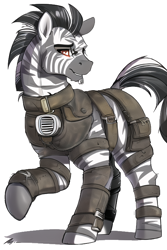 Size: 512x768 | Tagged: safe, ai content, derpibooru import, editor:primortal, generator:novelai, generator:stable diffusion, machine learning assisted, machine learning generated, oc, oc only, oc:toothen nail, zebra, fallout equestria, armor, belts, fallout, leather, leather armor, male, mental scars, patchwork armor, peacekeeper, ranger, scar, shellshock, somber, stripes, thousand yard stare, traumatized, zebra oc
