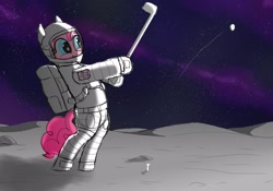 Size: 2048x1434 | Tagged: safe, artist:legendoflink, derpibooru import, pinkie pie, earth pony, pony, bipedal, female, golf, golf club, hoof hold, mare, moon, pinktober, solo, spacesuit, sports