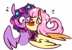 Size: 2048x1423 | Tagged: safe, artist:lrusu, derpibooru import, fluttershy, twilight sparkle, twilight sparkle (alicorn), alicorn, pegasus, pony, blush lines, blush sticker, blushing, chest fluff, duo, ear blush, eyes closed, female, folded wings, kissing, lesbian, mare, shipping, simple background, spread wings, surprise kiss, surprised, sweat, sweatdrop, sweatdrops, twishy, white background, wings