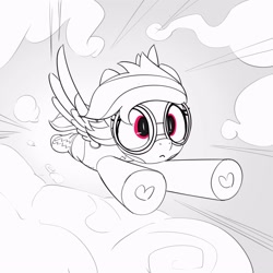 Size: 3000x3000 | Tagged: safe, artist:pabbley, derpibooru import, rainbow dash, pegasus, pony, clothes, cloud, female, flying, goggles, grayscale, hoof heart, mare, monochrome, partial color, solo, speed lines, underhoof, uniform, wonderbolt trainee uniform, wonderbolts uniform