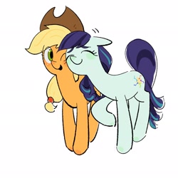 Size: 2048x2048 | Tagged: safe, artist:seywun3, derpibooru import, applejack, coloratura, earth pony, pony, g4, applejack's hat, clothes, cowboy hat, cute, duo, eyes closed, female, hairband, hat, high res, lesbian, mare, nuzzling, one eye closed, raised hoof, raised leg, rara, rarajack, shipping, simple background, smiling, white background