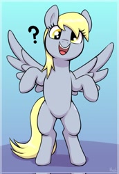 Size: 1413x2048 | Tagged: safe, artist:heretichesh, derpibooru import, derpy hooves, pegasus, pony, belly, bipedal, cute, derpabetes, female, gradient background, looking at you, mare, open mouth, open smile, question mark, smiling, solo, spread wings, wings