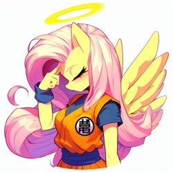 Size: 1024x1024 | Tagged: safe, ai content, derpibooru import, machine learning generated, fluttershy, anthro, pegasus, crossover, dragon ball, eyes closed, female, gi, halo, instant transmission, mare, prompter:chadwoo0720, simple background, solo, son goku, white background