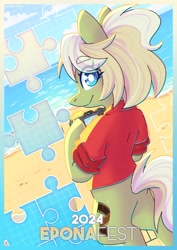 Size: 1448x2048 | Tagged: safe, artist:musicfirewind, derpibooru import, oc, oc only, oc:milli, earth pony, beach, convention, eponafest, female, italy, solo