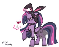 Size: 1024x811 | Tagged: safe, artist:petaltwinkle, derpibooru import, twilight sparkle, twilight sparkle (alicorn), alicorn, pony, bunny ears, bunny suit, choker, clothes, ears, female, floppy ears, garter, goth, levitation, lidded eyes, magic, mare, martini glass, see-through, see-through skirt, signature, simple background, skirt, solo, telekinesis, white background