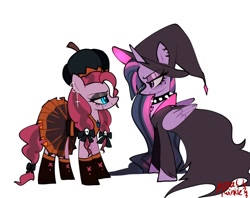 Size: 1024x812 | Tagged: safe, artist:petaltwinkle, derpibooru import, pinkie pie, twilight sparkle, twilight sparkle (alicorn), alicorn, earth pony, pony, alternate hairstyle, choker, clothes, costume, cross, dress, duo, duo female, ear piercing, earring, eyeshadow, female, goth, halloween, halloween costume, hat, jewelry, lesbian, looking at each other, looking at someone, makeup, mare, nightmare night costume, piercing, pigtails, pumpkin hat, shipping, signature, simple background, spiked choker, twinkie, twintails, white background, witch costume, witch hat