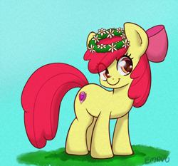 Size: 1200x1120 | Tagged: safe, artist:empyu, derpibooru import, apple bloom, earth pony, pony, female, filly, floral head wreath, flower, foal, grass, looking at you, simple background, smiling, smiling at you, solo