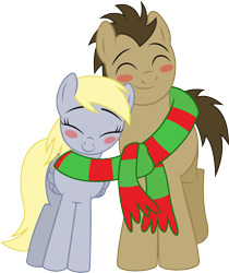 Size: 2247x2669 | Tagged: safe, artist:mlptmntfan2000, derpibooru import, derpy hooves, doctor whooves, pony, base used, clothes, doctorderpy, female, male, scarf, shared clothing, shared scarf, shipping, simple background, straight, striped scarf, transparent background