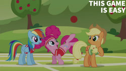 Size: 1280x720 | Tagged: safe, derpibooru import, edit, edited screencap, editor:quoterific, screencap, applejack, pinkie pie, rainbow dash, buckball season, apple, apple tree, buckball field, food, tree