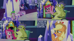 Size: 828x465 | Tagged: safe, derpibooru import, edit, edited screencap, editor:quoterific, screencap, applejack, pinkie pie, sludge (g4), spike, twilight sparkle, twilight sparkle (alicorn), alicorn, father knows beast, cutie map, twilight's castle, wheelchair