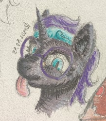 Size: 965x1105 | Tagged: safe, artist:bruttas46, derpibooru import, oc, oc only, oc:nyx, alicorn, pony, bust, female, filly, foal, portrait, solo, tongue, tongue out, traditional art