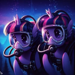 Size: 519x519 | Tagged: safe, ai content, derpibooru import, generator:bing image creator, machine learning generated, twilight sparkle, dive mask, double, goggles, mirror pool clone, scuba diving, scuba gear, underwater, water