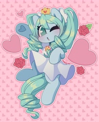 Size: 2506x3104 | Tagged: safe, artist:sakukitty, derpibooru import, pony, anime, blushing, clothes, crown, dress, eye clipping through hair, floating, flower, hatsune miku, heart, hoof heart, jewelry, kotobukiya, kotobukiya hatsune miku pony, looking at you, one eye closed, open mouth, pigtails, ponified, regalia, rose, solo, species swap, underhoof, vocaloid, waving, wink