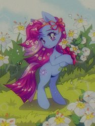 Size: 1875x2500 | Tagged: safe, artist:pierogarts, derpibooru import, star swirl, bee, earth pony, insect, pony, bipedal, bouquet, bow, ear fluff, ears, female, flower, flower in hair, grainy, grass, head turn, headband, lens flare, mare, mlp fim's thirteenth anniversary, purple eyes, ribbon, smiling, solo, stars