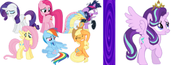 Size: 1450x551 | Tagged: safe, artist:littlewingedkuriboh, derpibooru import, applejack, fluttershy, pinkie pie, rainbow dash, rarity, starlight glimmer, twilight sparkle, alicorn, alicornified, alternate universe, jewelry, mane six, race swap, spiderverse, starlicorn, tiara, twilight snapple, vector, xk-class end-of-the-world scenario