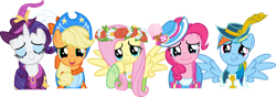 Size: 1511x529 | Tagged: safe, artist:kapicator, derpibooru import, applejack, fluttershy, pinkie pie, rainbow dash, rarity, magical mystery cure, crying, floral head wreath, flower, hat, remane five, simple background, tears of joy, teary eyes, transparent background, vector, wavy mouth