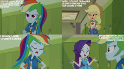 Size: 828x465 | Tagged: safe, derpibooru import, edit, edited screencap, editor:quoterific, screencap, applejack, rainbow dash, rarity, equestria girls, lockers, queen of clubs, rarity peplum dress