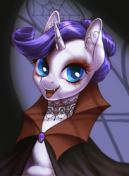 Size: 2090x2850 | Tagged: safe, artist:taytinabelle, derpibooru import, rarity, pony, undead, unicorn, vampire, vampony, cape, clothes, costume, ear fluff, ears, eyeshadow, fangs, female, halloween, halloween costume, holiday, lace, looking at you, makeup, mare, open mouth, open smile, smiling, smiling at you, solo