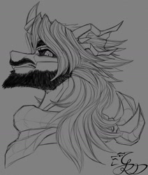 Size: 1192x1405 | Tagged: safe, artist:thatonegib, derpibooru import, oc, oc only, oc:gib riel-delano, changedling, changeling, angry, bandana, bangs, beard, black and white, bust, changedling oc, changeling oc, death stare, facial hair, grayscale, horn, horn ring, jewelry, long hair, looking at you, monochrome, moustache, portrait, ring, sketch, solo, wedding ring
