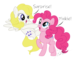 Size: 5000x4000 | Tagged: safe, artist:feather_bloom, artist:kaitykat117, derpibooru import, pinkie pie, surprise, earth pony, pegasus, pony, g1, g4, base used, boop, flying, generational ponidox, mlp fim's thirteenth anniversary, raised hoof, raised leg, simple background, speech bubble, talking, transparent background, vector