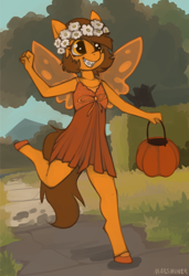 Size: 1170x1714 | Tagged: safe, artist:marsminer, derpibooru import, oc, oc only, oc:venus spring, anthro, unguligrade anthro, anthro oc, braces, clothes, costume, cute, dress, fairy, female, filly, foal, grin, halloween, holiday, ocbetes, smiling, venus spring actually having a pretty good time, younger