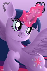 Size: 2250x3376 | Tagged: safe, artist:apebe, derpibooru import, twilight sparkle, twilight sparkle (alicorn), alicorn, pony, abstract background, closed mouth, female, gradient background, high res, icon, magic, mare, solo, spread wings, symbol, watermark, wings