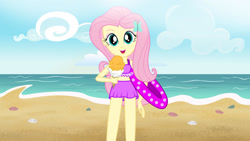 Size: 1920x1080 | Tagged: safe, artist:thegamemasternight3, derpibooru import, fluttershy, beach, clothes, food, ice cream, ocean, purple bikini, purple swimsuit, sand, swimsuit, water