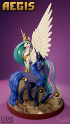 Size: 900x1600 | Tagged: safe, artist:sunny way, derpibooru import, princess celestia, princess luna, alicorn, pony, 3d, aegis, art, artwork, brave, craft, crown, digital art, duo, feather, female, feral, figurine, horn, jewelry, mare, princess, regalia, ruler, sculpture, siblings, sisters, stairs, statue, wings, zbrush