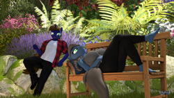 Size: 1920x1080 | Tagged: safe, artist:anthroponiessfm, derpibooru import, oc, oc:galahad lazuli, oc:lulia lazuli, anthro, plantigrade anthro, unicorn, 3d, anthro oc, barefoot, bench, clothes, feet, female, flannel, garden, horn, looking at someone, looking up, male, pants, shoes, source filmmaker, talking, tanktop, unicorn oc