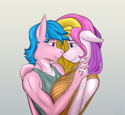 Size: 3702x3408 | Tagged: safe, artist:fluffyorbiter, derpibooru import, firefly, fluttershy (g3), anthro, g1, g3, breasts, clothes, female, flutterfly, gradient background, heart, heart eyes, holding hands, implied flutterdash, implied lesbian, implied shipping, lesbian, lidded eyes, looking at each other, looking at someone, love, mlp fim's thirteenth anniversary, muscles, muscular female, shipping, sweater, tanktop, wingding eyes