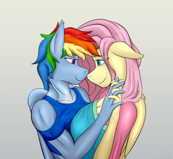 Size: 3702x3408 | Tagged: safe, artist:fluffyorbiter, derpibooru import, fluttershy, rainbow dash, anthro, breasts, clothes, dress, female, flutterdash, heart, heart eyes, holding hands, hootershy, lesbian, lidded eyes, looking at each other, looking at someone, love, mlp fim's thirteenth anniversary, muscles, muscular female, shipping, tanktop, wingding eyes