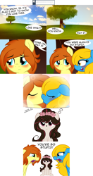 Size: 2562x4862 | Tagged: safe, artist:furrgroup, derpibooru import, oc, oc:firefox, oc:internet explorer, oc:sugarberry, deer, deer pony, hybrid, original species, pony, ask internet explorer, blushing, browser ponies, internet explorer, shipper on deck, tree